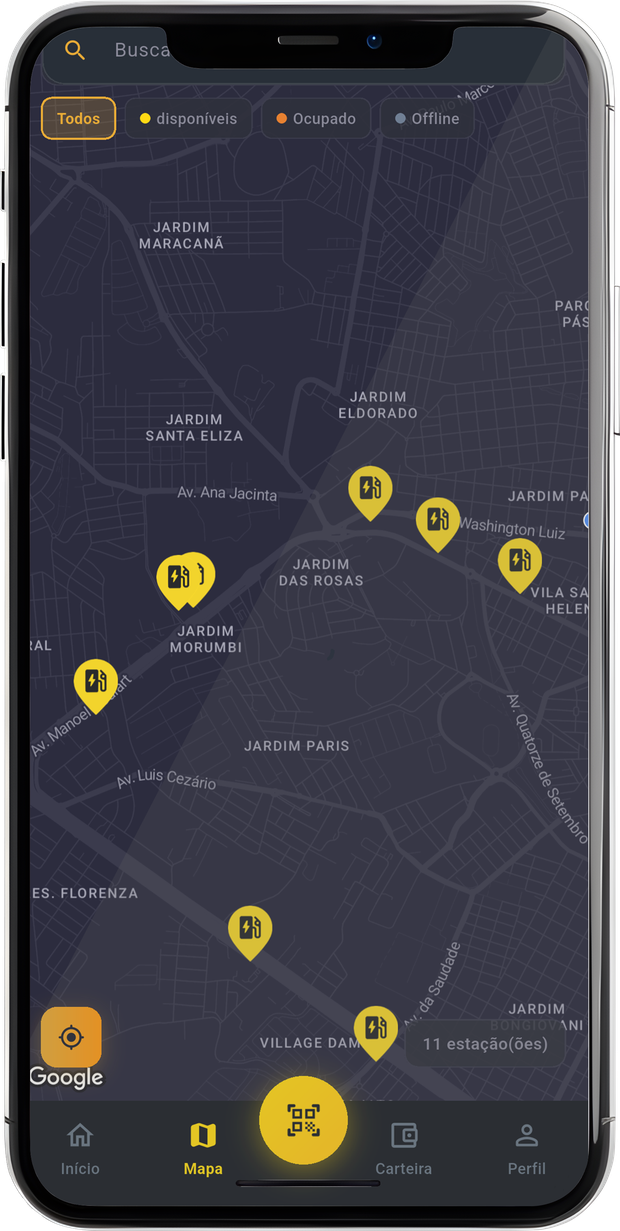 Mapa de estações no app ieVolt