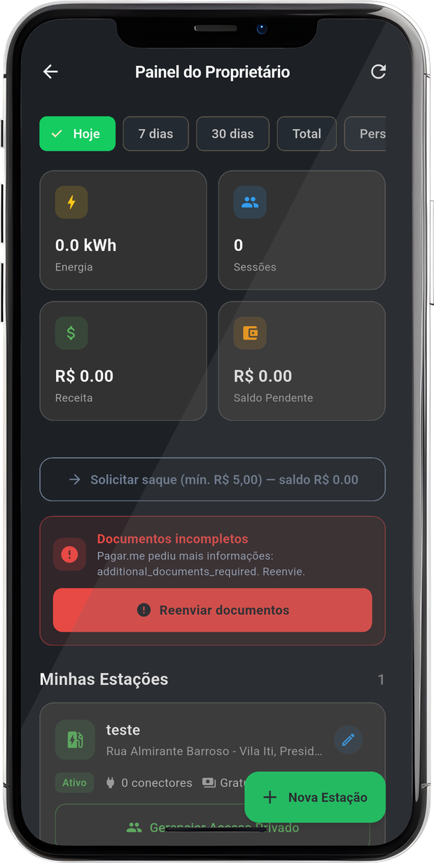 Painel do proprietário no app ieVolt